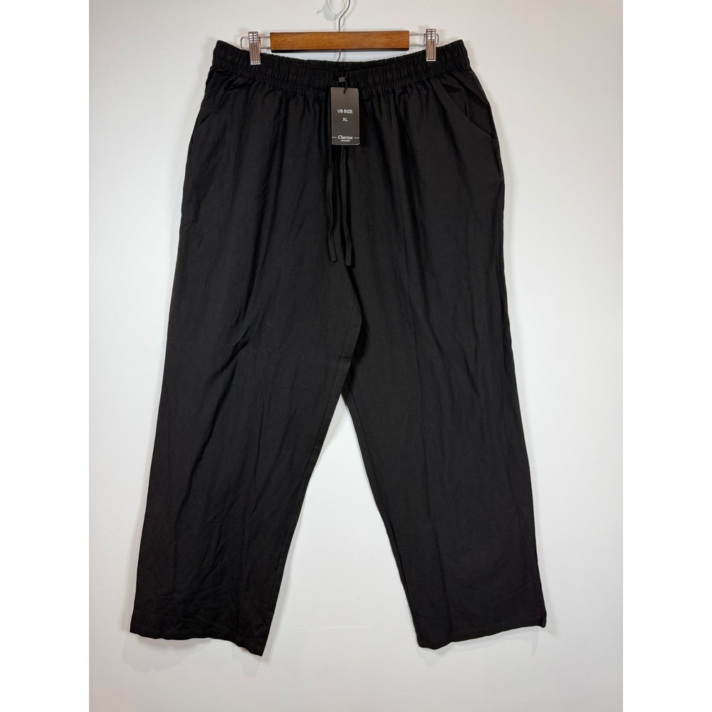 Chartou Black Linen Blend Wide Leg Drawstring Pants XL FC6246 New